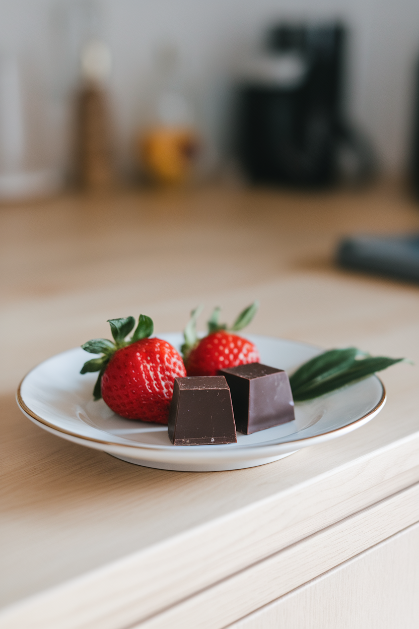 Indoor dessert plate with two small squares of 70 percent dark chocolate beside fresh strawberries—photo.