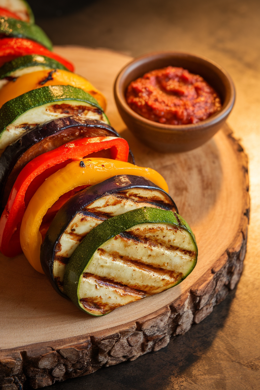 Indoor close-up of grilled zucchini, eggplant, and bell pepper slices arranged like log rings on a board; small bowl of romesco sauce, no logos