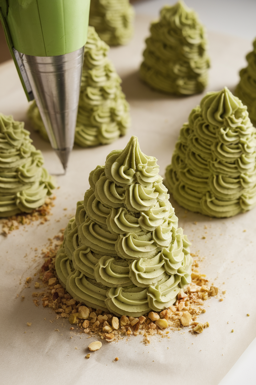 Indoor piping scene showing green pistachio buttercream trees forming on parchment, no text or logos