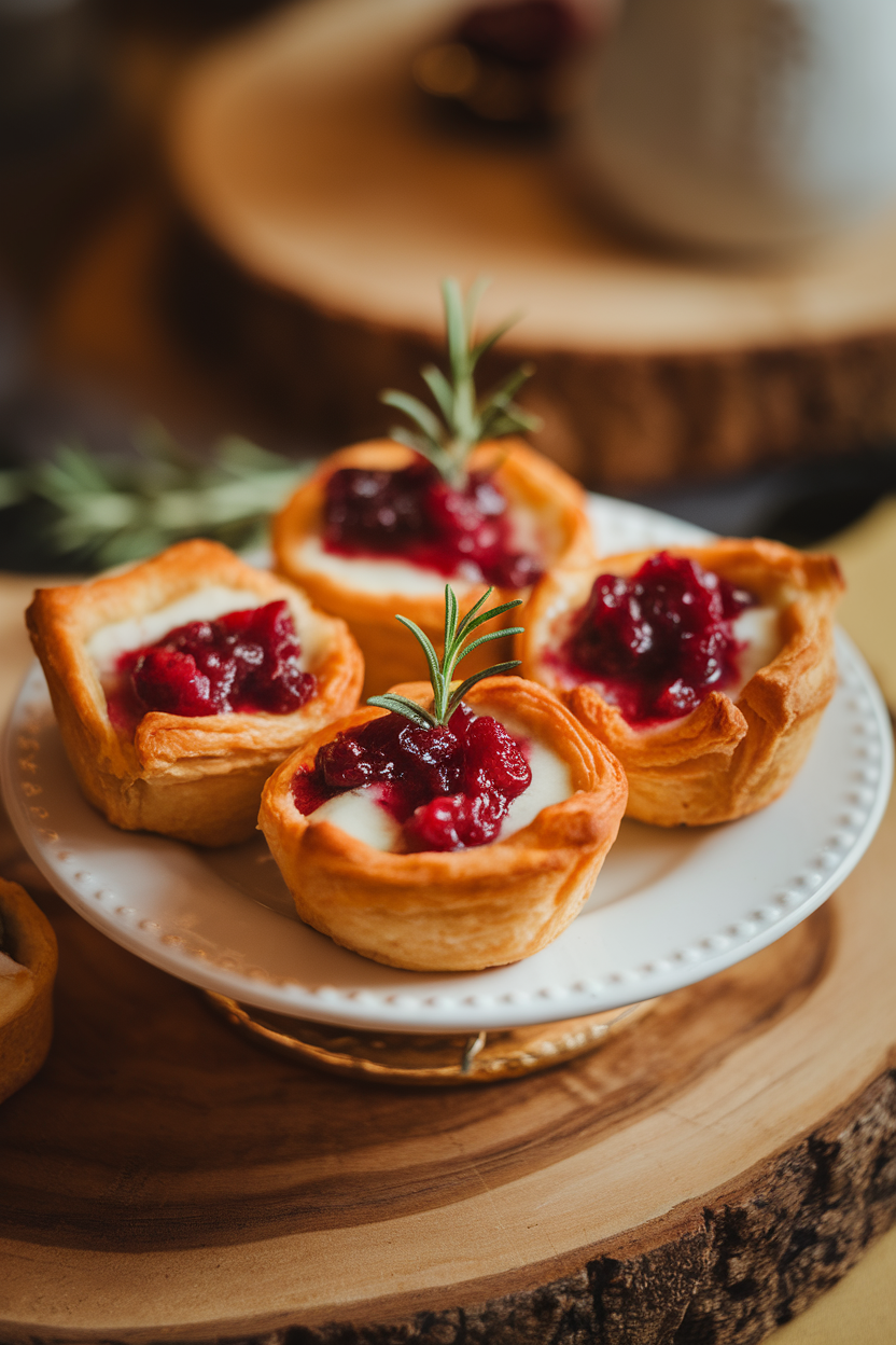 Indoor photo of a small white platter holding golden puff-pastry cups filled with melted Brie and glistening cranberry sauce, garnished with a tiny sprig of rosemary. Warm lighting, no text or logos anywhere in the scene.
