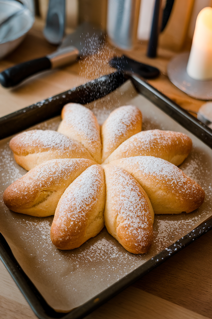 Photo of a star-shaped pull-apart bread dusted with powdered sugar on an indoor baking tray; no text or logos.