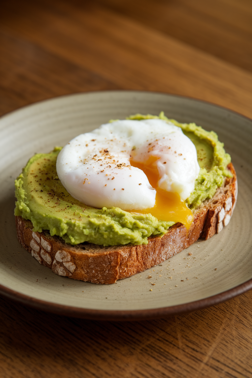 A warmly lit indoor café table with a single slice of whole-grain toast spread with mashed avocado and topped by a runny poached egg, pepper flakes visible. No text or logos; photo only.