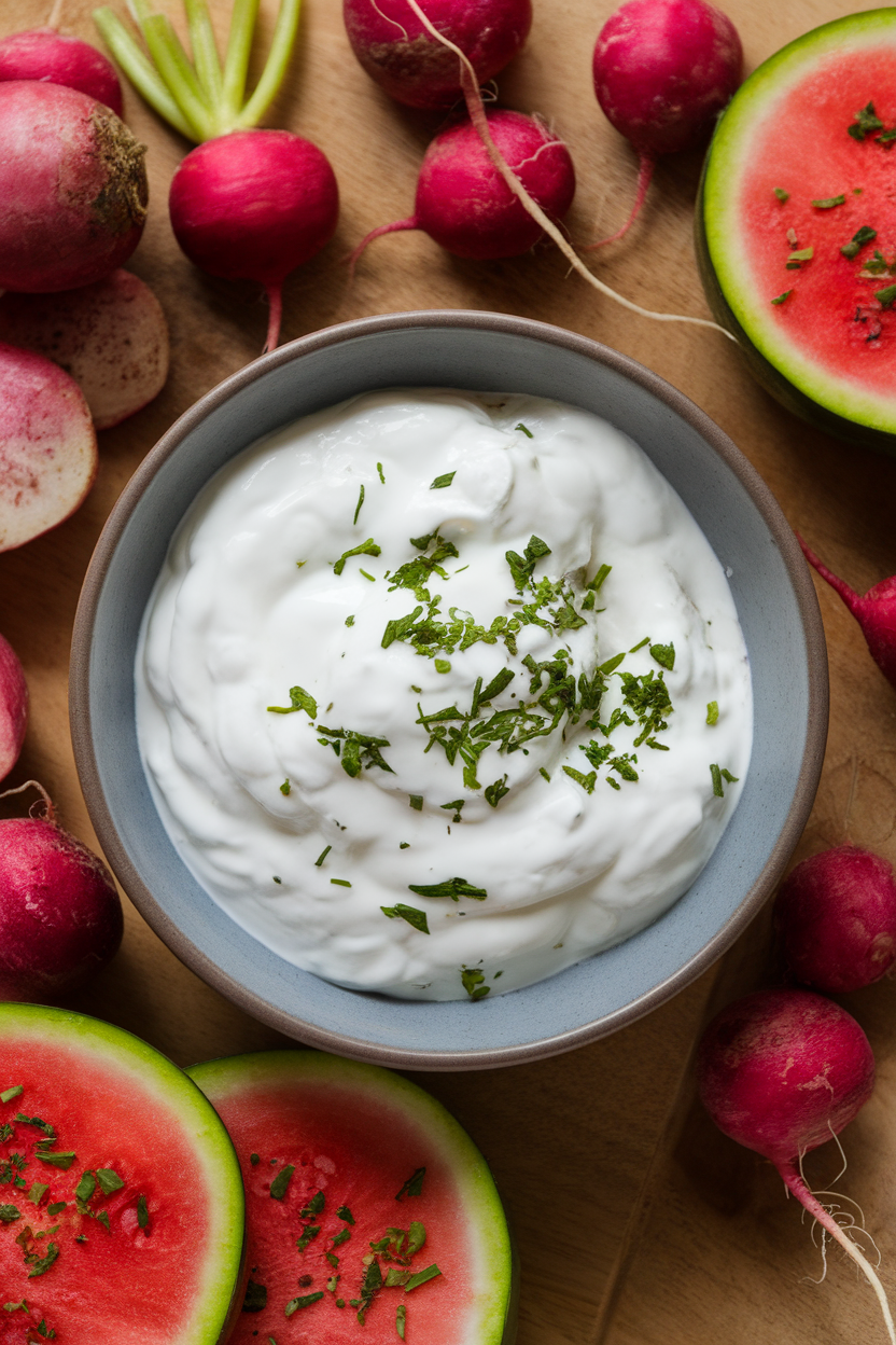 Indoor photo of a bowl of thick Greek yogurt mixed with chopped herbs, surrounded by halved watermelon radishes and other colorful radish varieties. No text or logos.