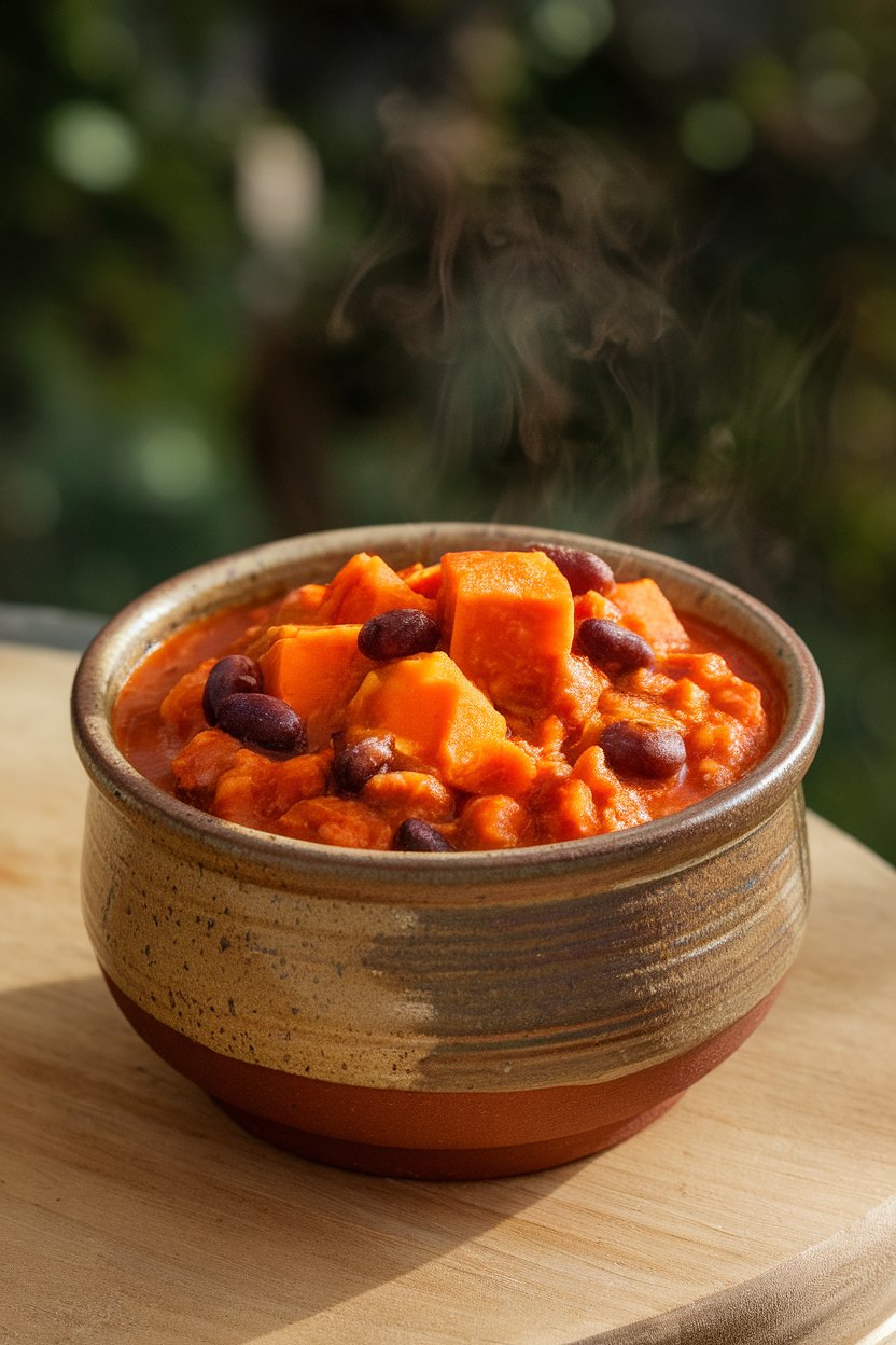 Indoor ceramic bowl of thick chili featuring sweet potato cubes, black beans, and tomato base; steam visible, no text or logos.
