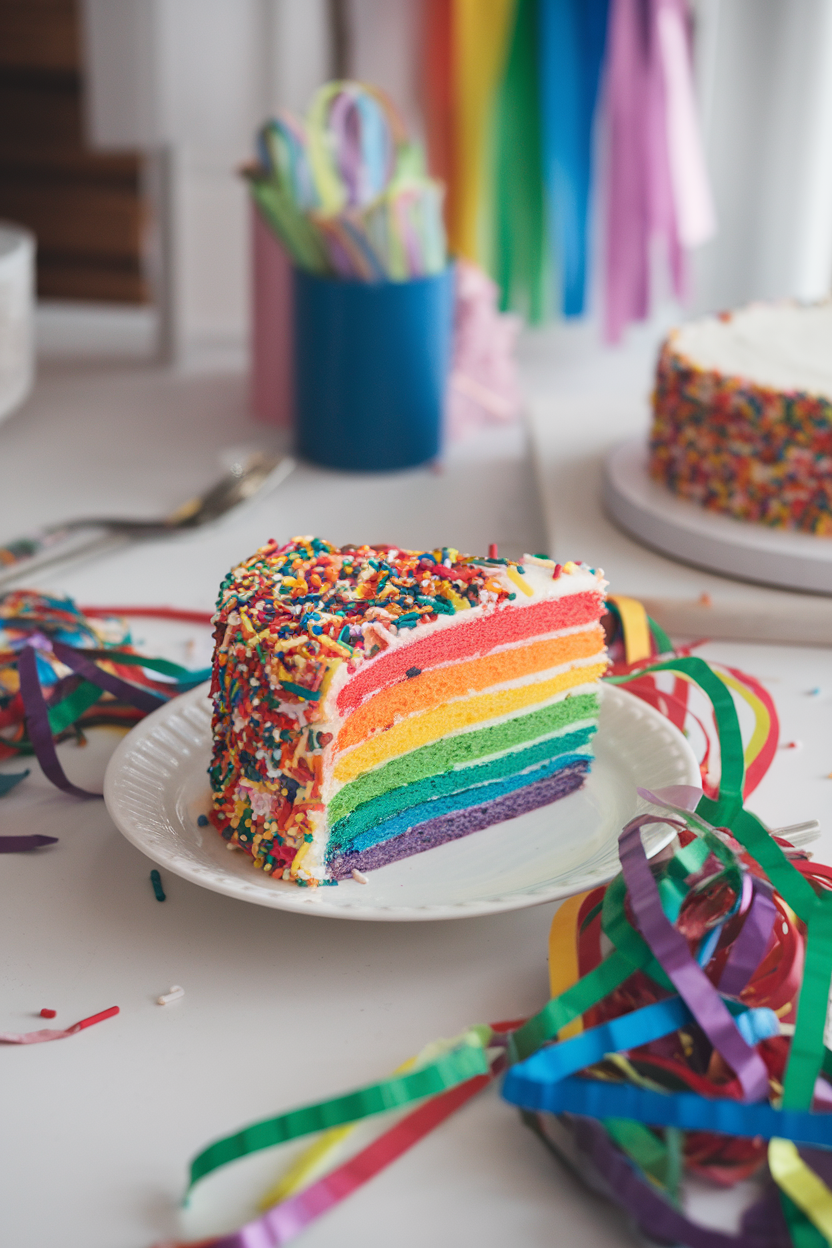 An indoor party table with a rainbow sprinkle-packed funfetti cake slice on a white plate, colorful paper streamers scattered nearby. No text or logos. Photo, not illustration.