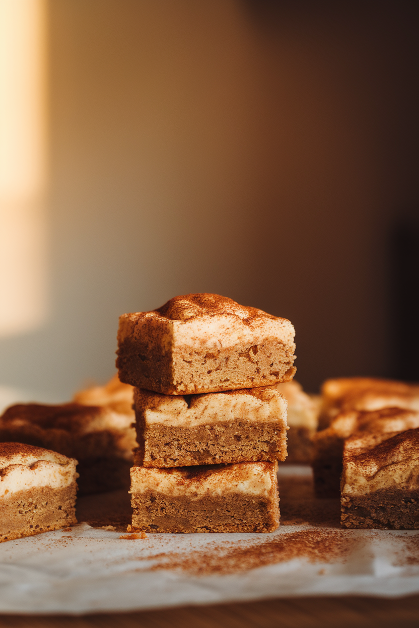 An indoor kitchen table with square snickerdoodle blondies stacked neatly, cinnamon-sugar dust visible on top. Warm, soft light, no text or logos anywhere.</Prompt