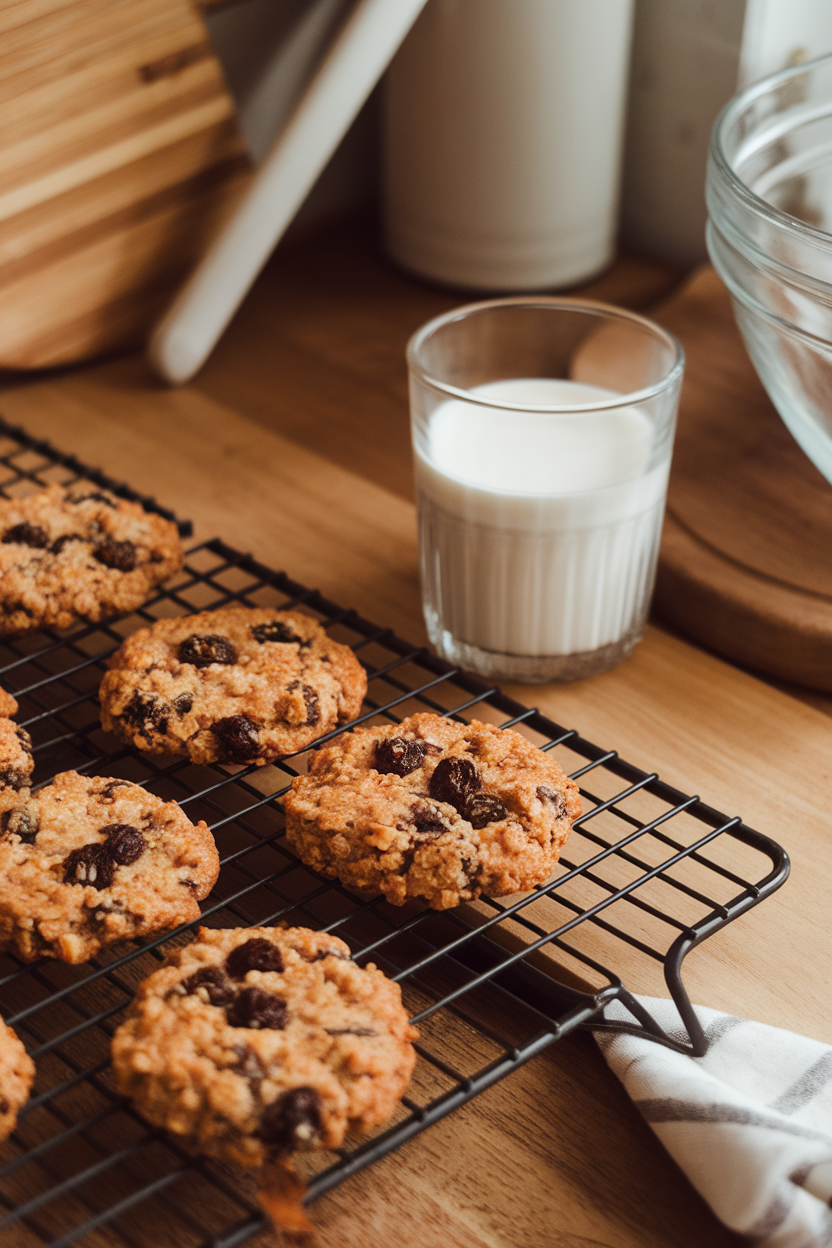 Photo prompt: Warm kitchen counter with quinoa-flake raisin cookies cooling on a wire rack, glass of almond milk nearby, no branding.