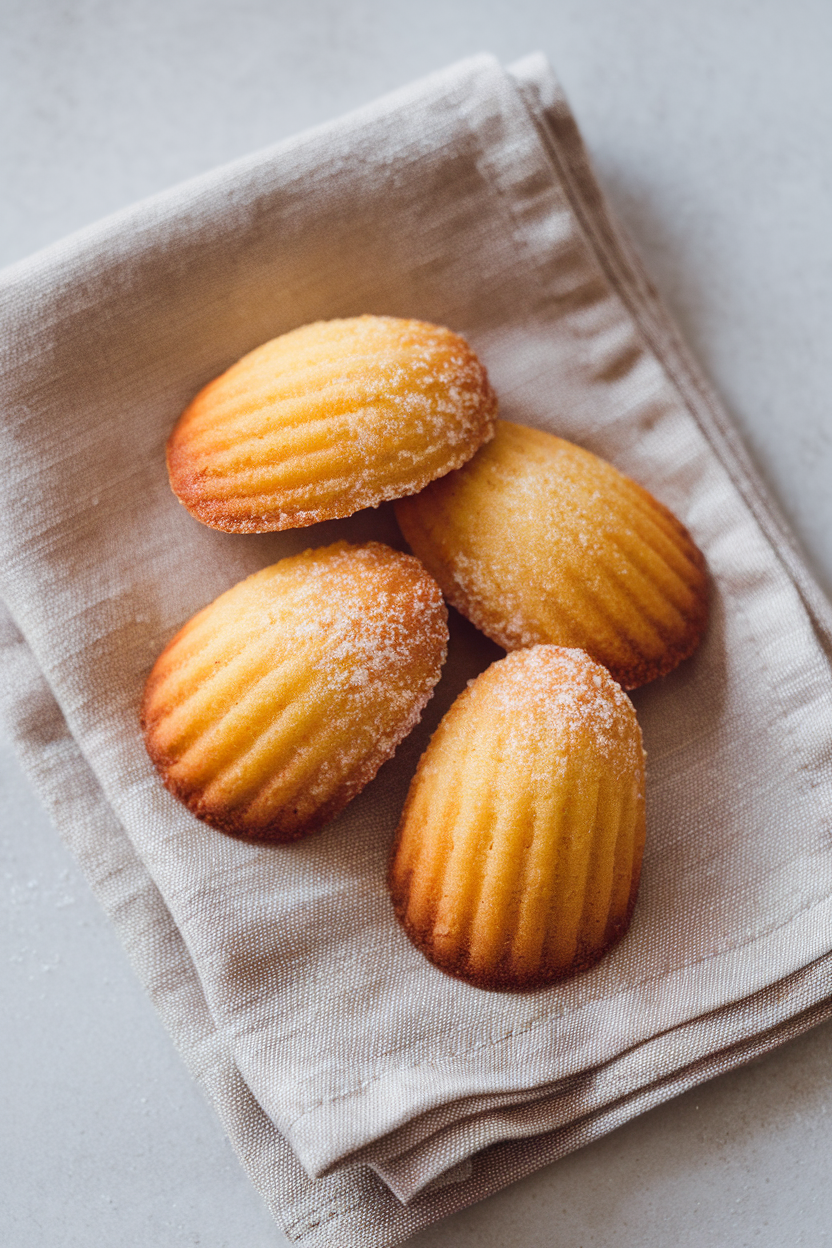 Indoor photo of shell-shaped madeleines dusted lightly with sugar, golden color, placed on a linen napkin, no text or logos