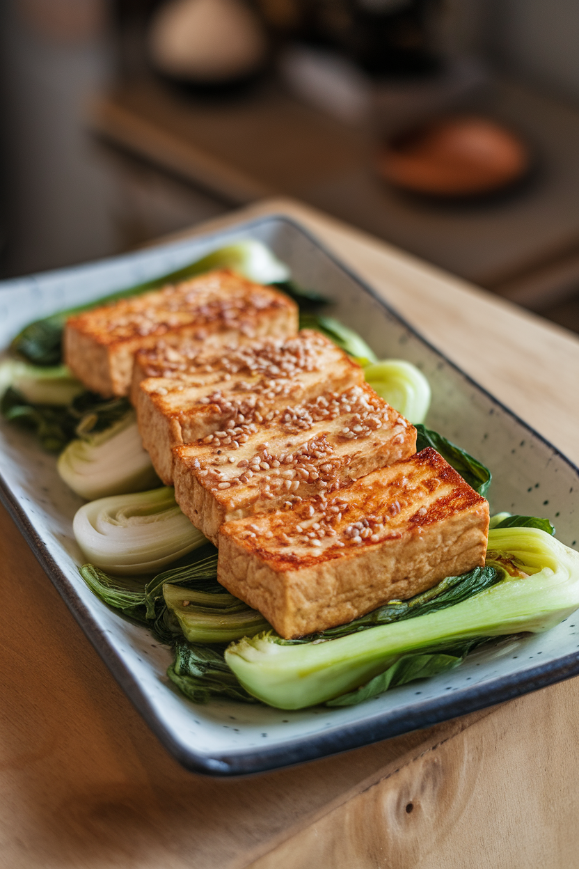 Indoor photo of seared tofu slabs topped with sesame seeds next to sautéed bok choy on a rectangular plate. No text or logos.