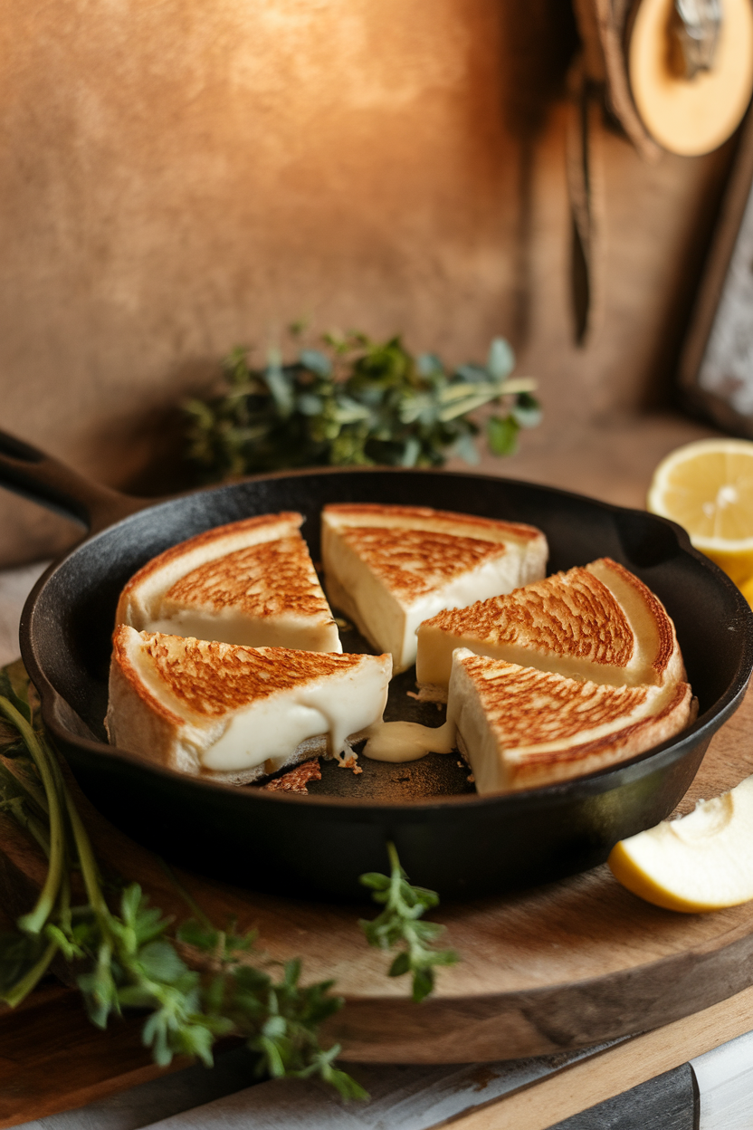 Photo of an indoor skillet holding cut triangles of mini grilled cheese with brie oozing and thin apple slices visible, warm lighting, no text or logos.