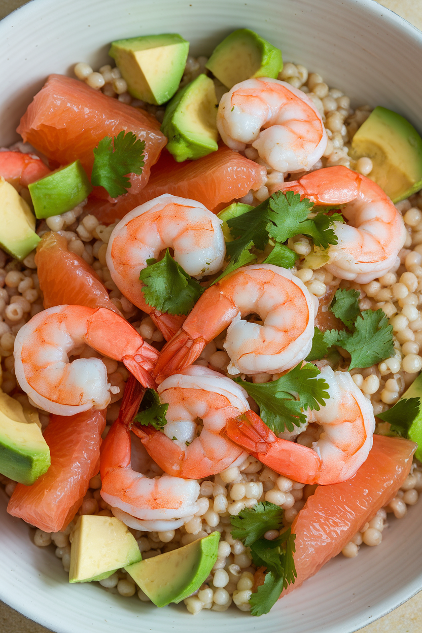Indoor photo of cooked shrimp tossed with pearl barley, grapefruit pieces, avocado cubes, and cilantro in a wide bowl. Soft indoor light, no text or logos.