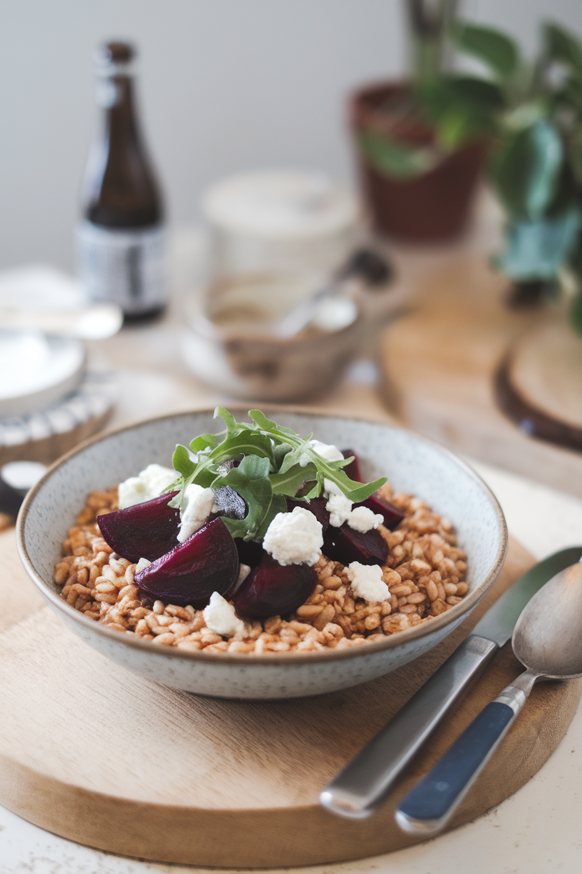 Indoor tabletop with a bowl of cooked farro topped with roasted beet wedges, crumbled goat cheese, and baby arugula. No text or logos present. Photo only.