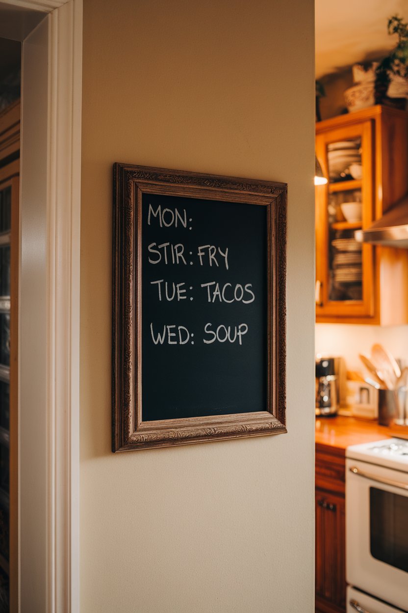 Photo of a small framed chalkboard on a kitchen wall listing “Mon: Stir-Fry, Tue: Tacos, Wed: Soup.” Warm indoor lighting, no text or logos.