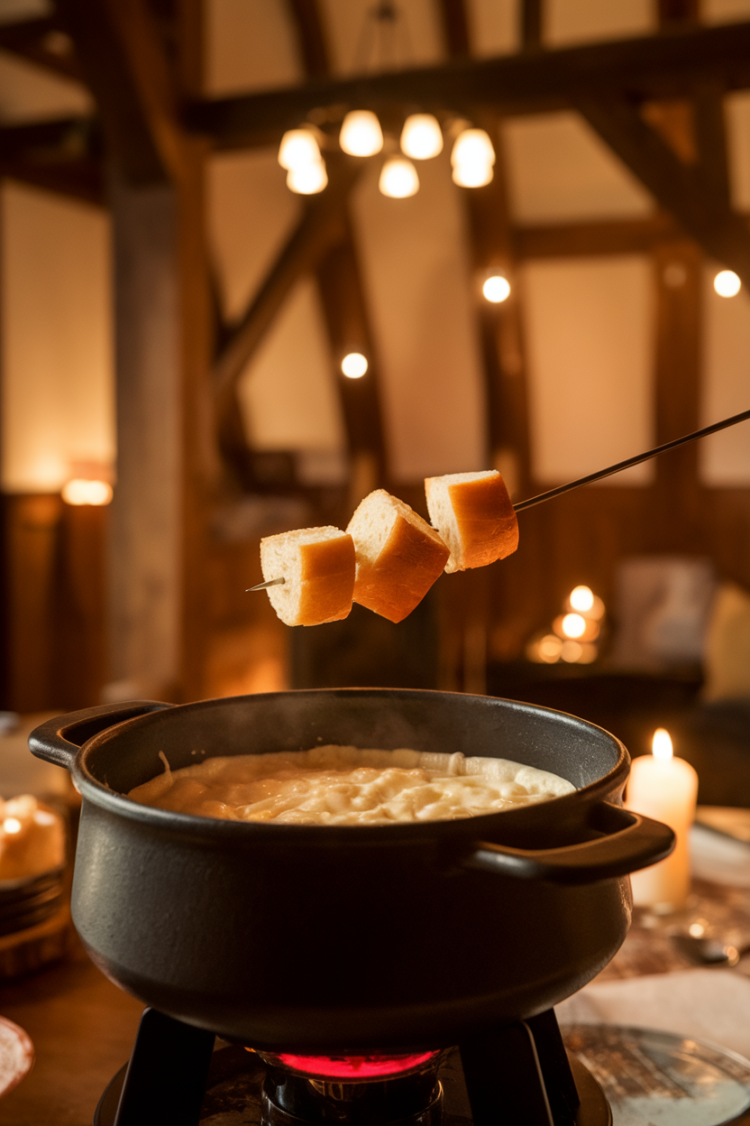 Indoor fondue pot with bubbling cheese, skewered bread cube hovering above, background softly blurred. No text or logos. Photo only.