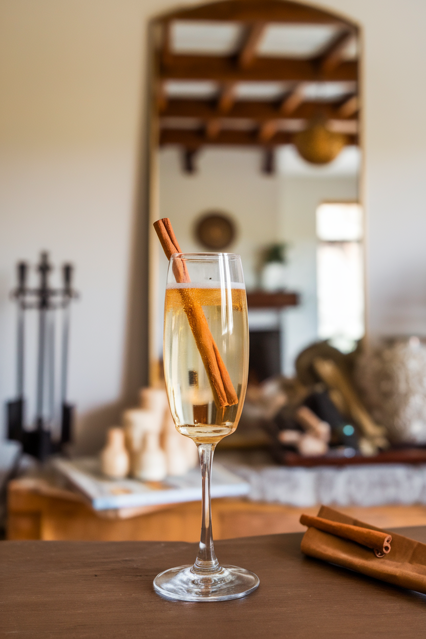 An indoor fireplace scene showing a flute of golden champagne mixed with cloudy apple cider, cinnamon stick leaning inside. Photo, not illustration. No text or logos.