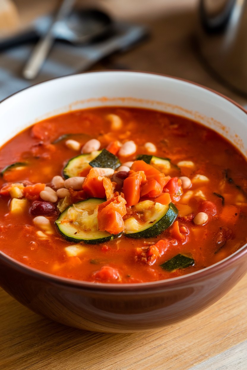 An indoor soup bowl filled with tomato-based minestrone brimming with zucchini, carrots, and beans. Photo, no text or logos.