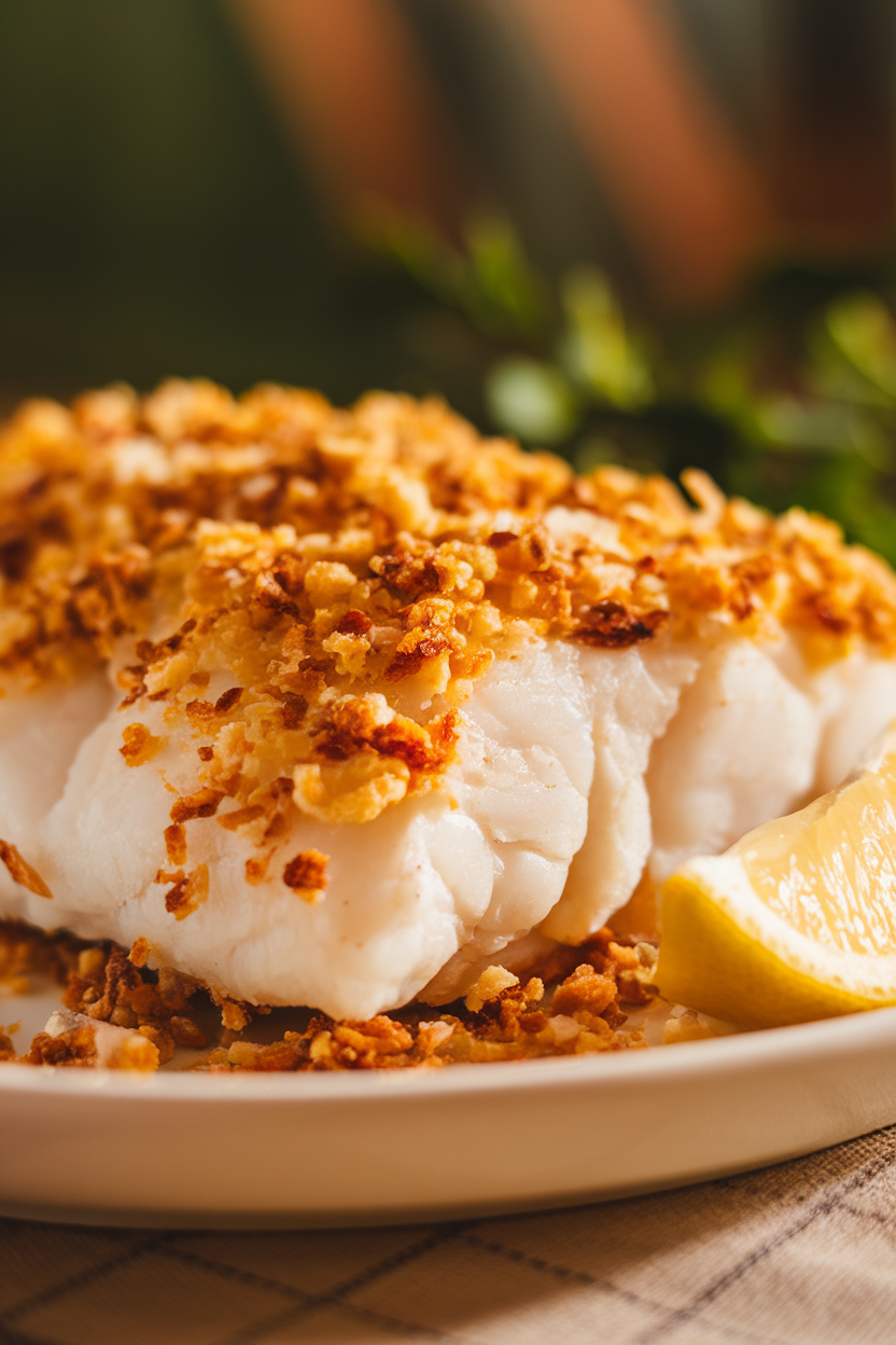Indoor close-up of flaky white cod fillet coated in golden almond crumbs, resting on a white plate with a lemon wedge. No text or logos. Photo, not illustration.