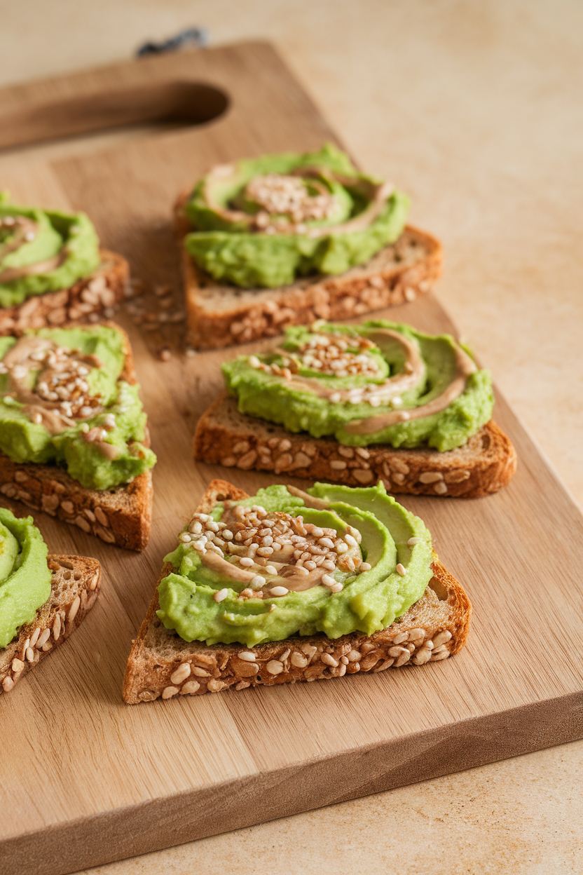 Indoor photo of small whole-grain toast triangles topped with mashed avocado swirled with tahini, sprinkled with sesame seeds, on a cutting board. No logos or text.