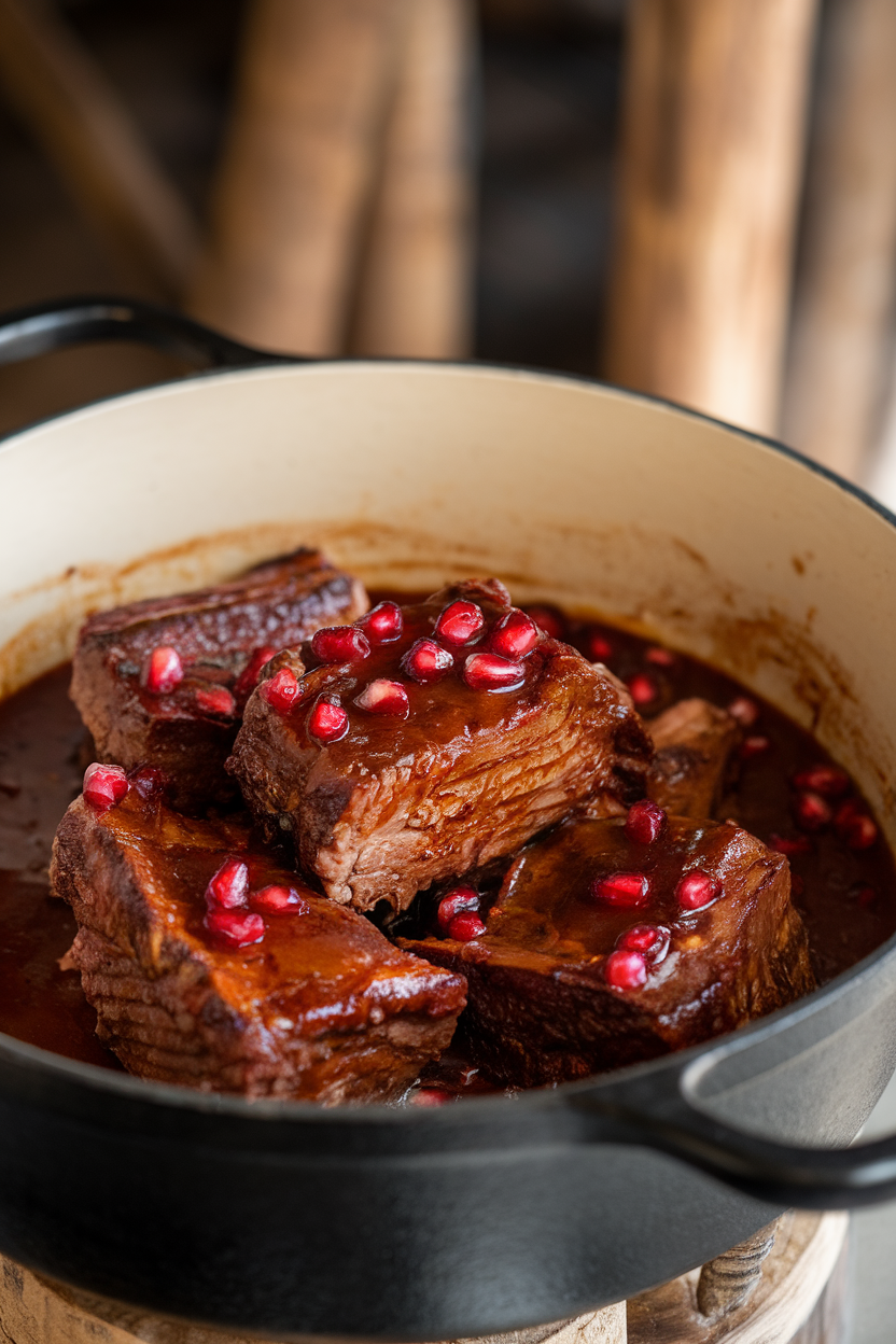 An indoor Dutch oven filled with cooked short ribs in deep ruby sauce, garnished with pomegranate arils, photo, no text or logos.