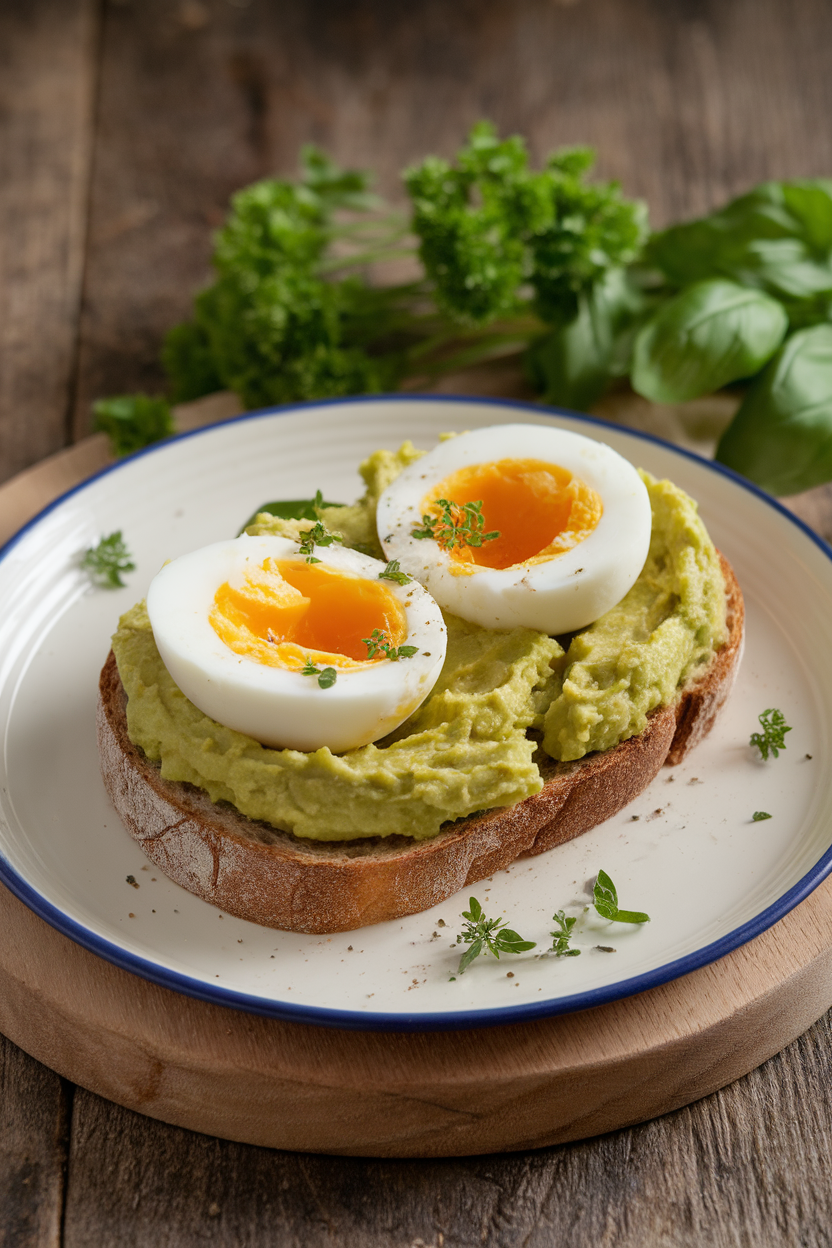 Indoor plate photo of sourdough toast topped with mashed avocado and a soft-boiled egg sliced in half, yolk slightly runny, no text or logos.