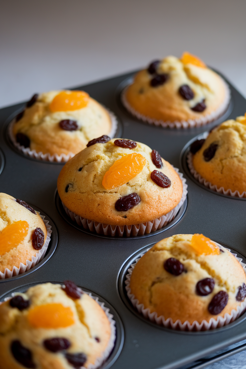A muffin tin indoors holding golden domed muffins dotted with raisins and candied orange, paper liners slightly peeled back. No logos or text in view.