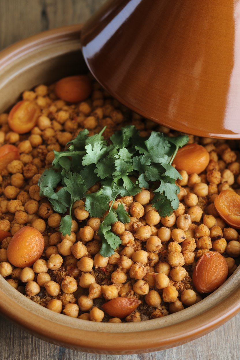 Indoor tagine or Dutch oven filled with spiced chickpeas, apricots, and vegetables, topped with fresh cilantro. No logos visible. Photo.