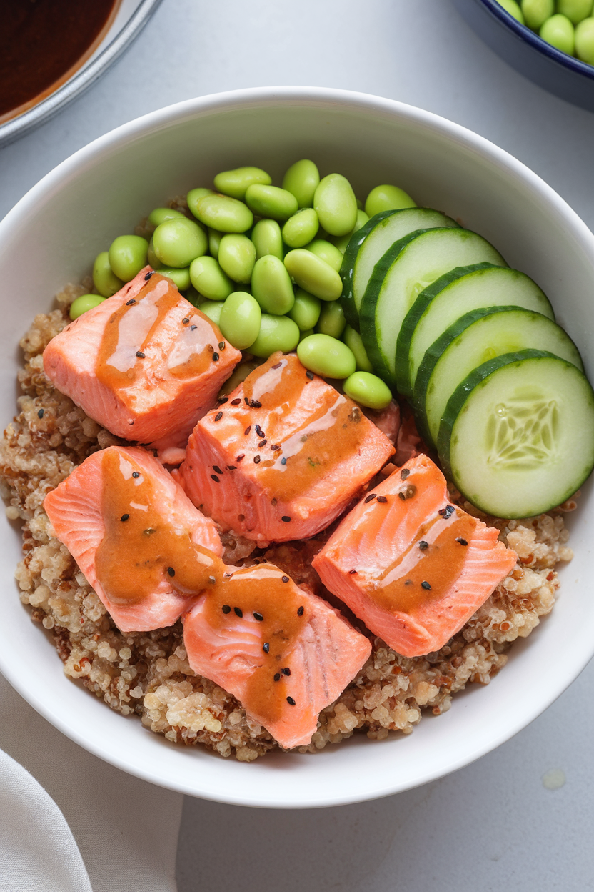 Indoor dinner bowl of cooked salmon chunks over quinoa, topped with edamame and sliced cucumbers, drizzle of sesame sauce; no raw fish, no text or logos, photo style.