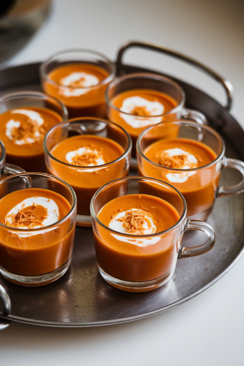 A tray indoors holding several espresso-style glass cups filled with velvety orange carrot soup, each topped with a swirl of coconut cream and grated ginger. Photo, no text or logos.