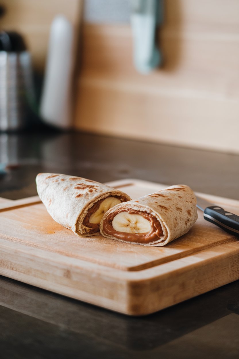 An indoor kitchen island displaying a whole-wheat tortilla wrapped around a banana and almond butter, cut in half to reveal the filling. Soft indoor lighting; no text or logos.