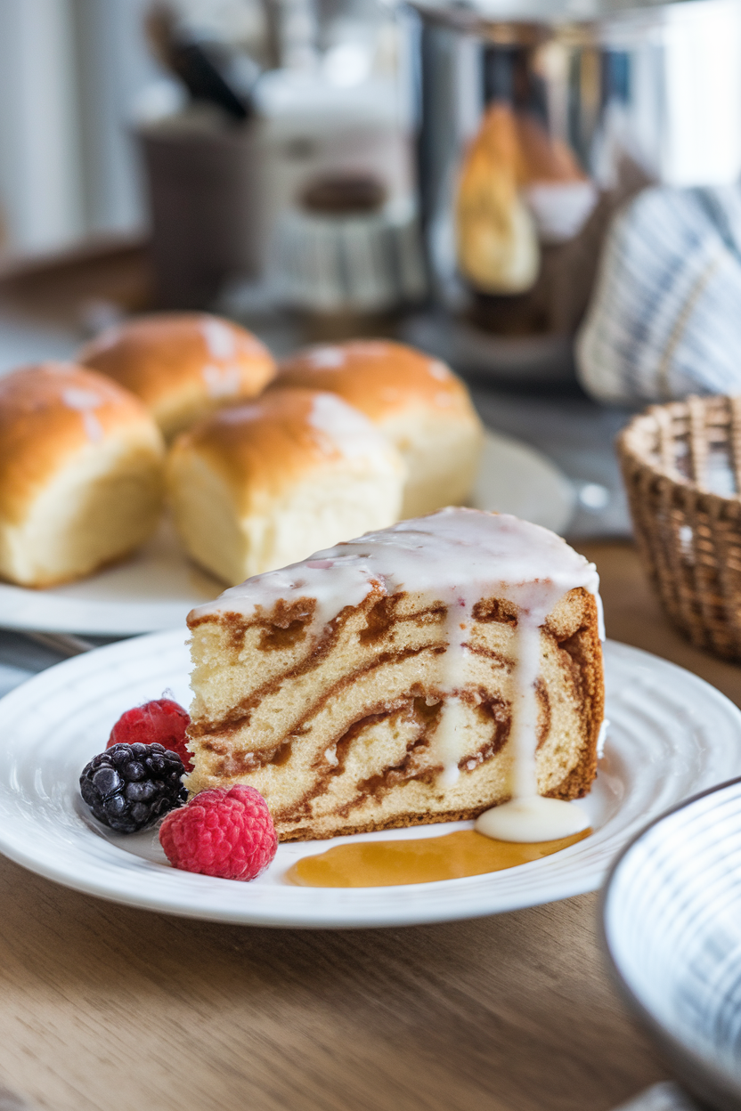 An indoor brunch table showing a cinnamon-swirl cake slice with cream cheese glaze dripping like classic rolls. No text or logos. Photo, not illustration.