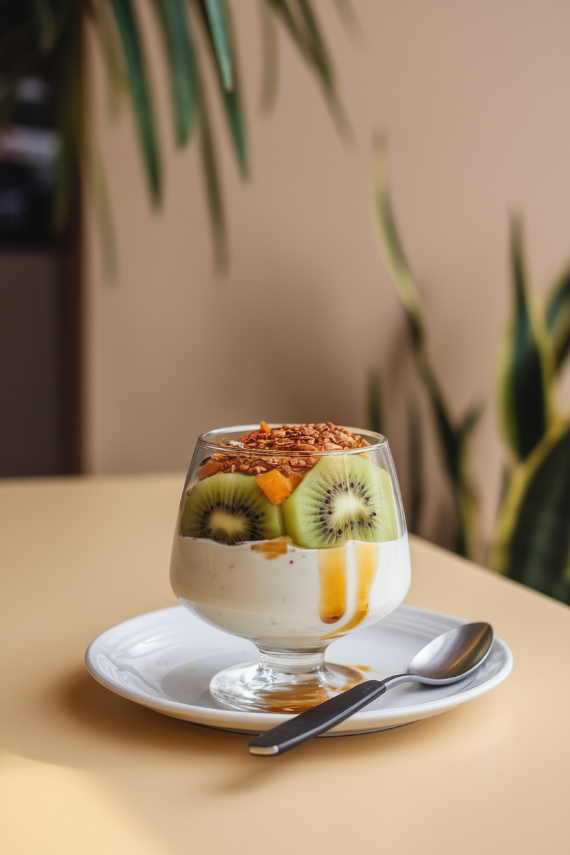 An indoor café table showcasing a footed glass layered with Greek yogurt, sliced kiwi, crushed flaxseed, and a drizzle of pure maple syrup. No text or logos; photo.