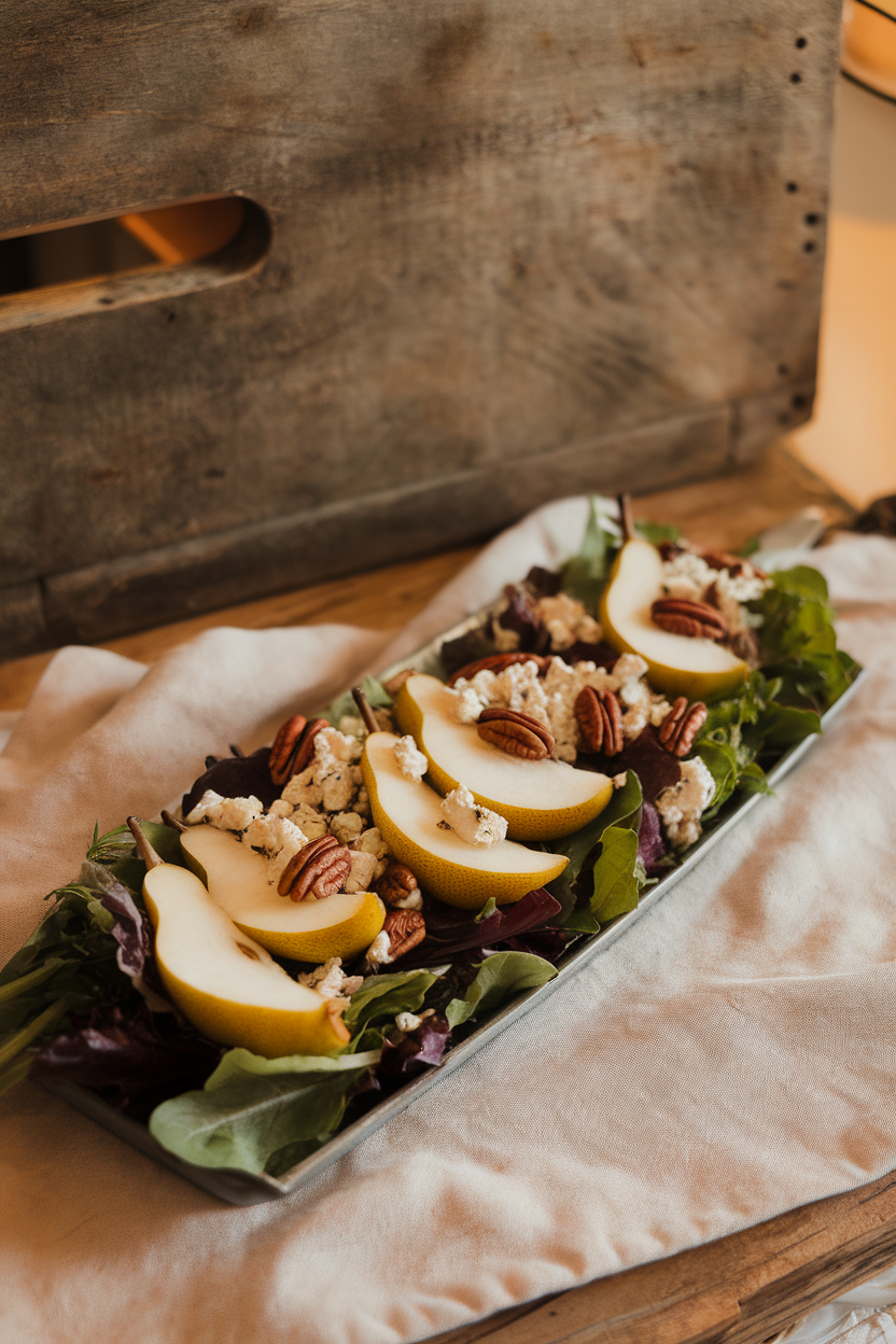 Indoor photo of mixed greens with sliced pears, crumbled gorgonzola, and toasted pecans on a long platter; no text or logos