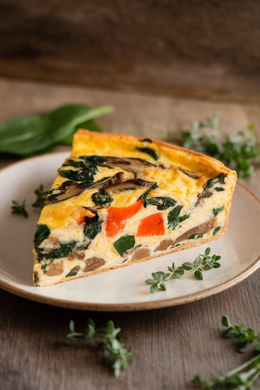 An indoor dining table with a slice of egg white frittata filled with spinach, bell peppers, and mushrooms on a small plate. Photo, no text or logos.