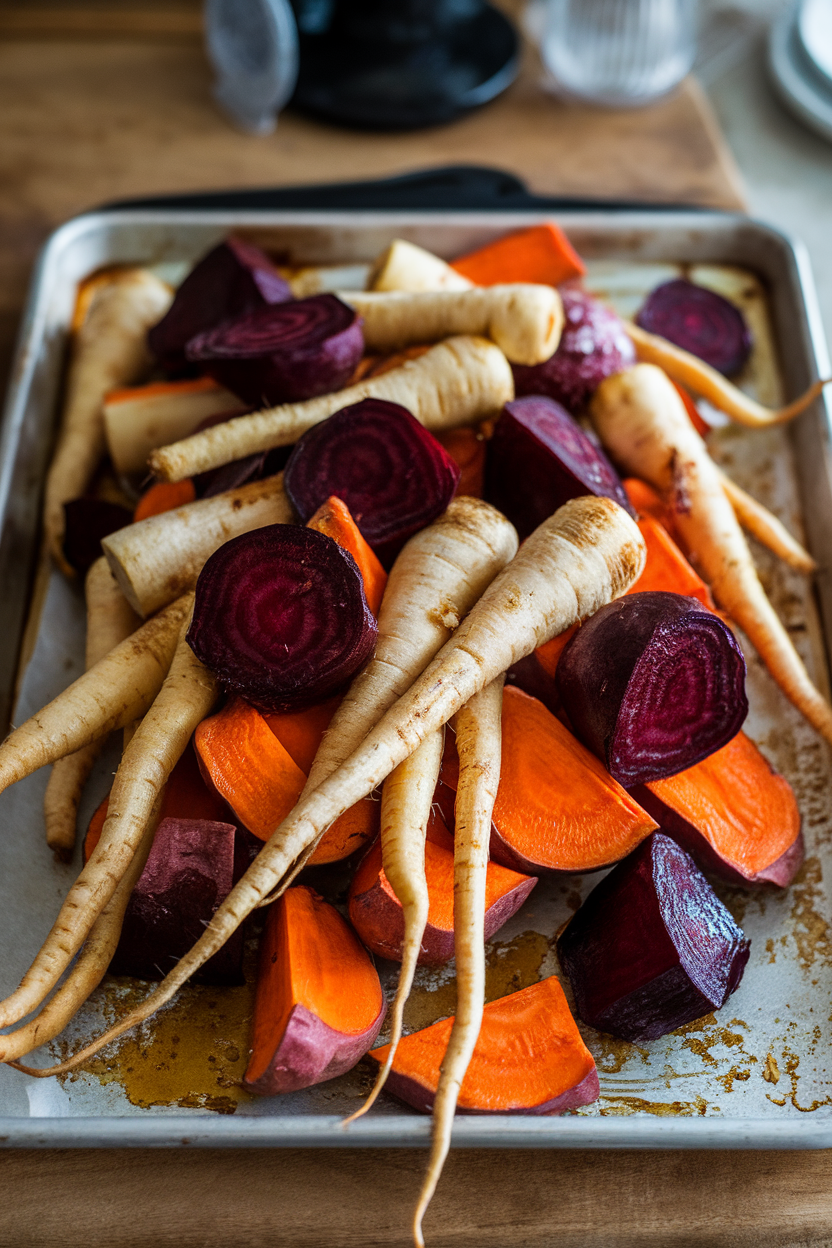 Indoor photo of a baking sheet piled with roasted parsnips, sweet potatoes, and beets glistening with maple syrup, no text or logos.