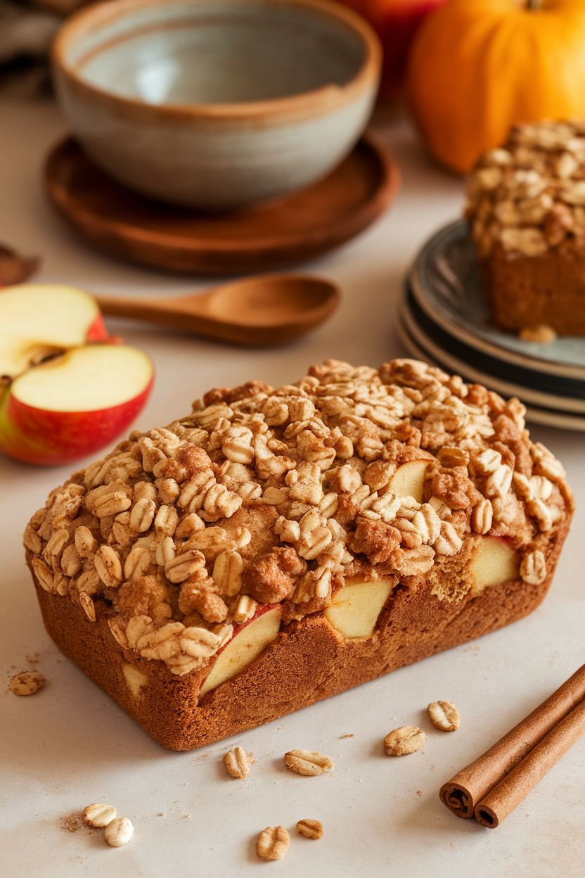 An indoor fall kitchen scene featuring a loaf studded with apple pieces and oat crumble topping, cinnamon sticks nearby. No text or logos. Photo only.