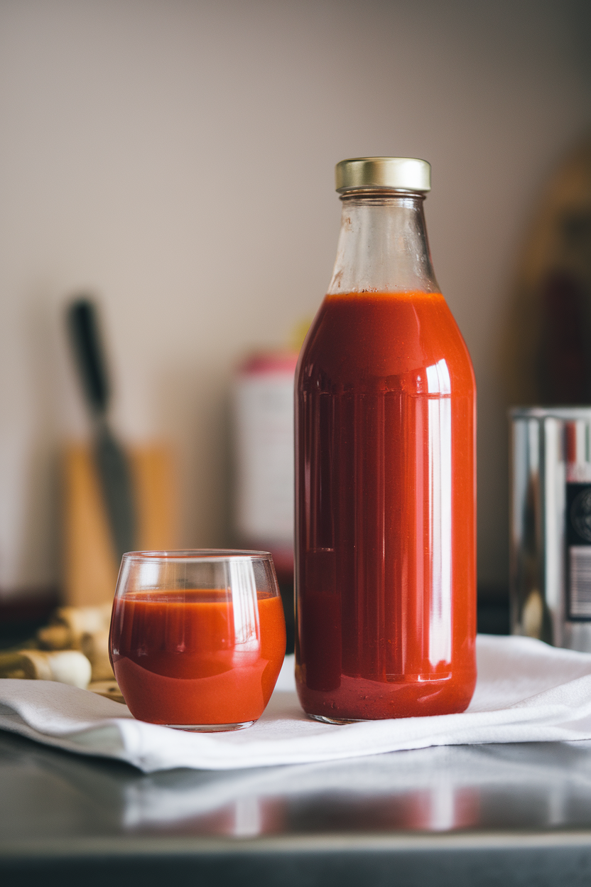 A tall clear bottle of bright tomato passata on an indoor countertop, a small glass showing its smooth texture, no text or logos, photo.