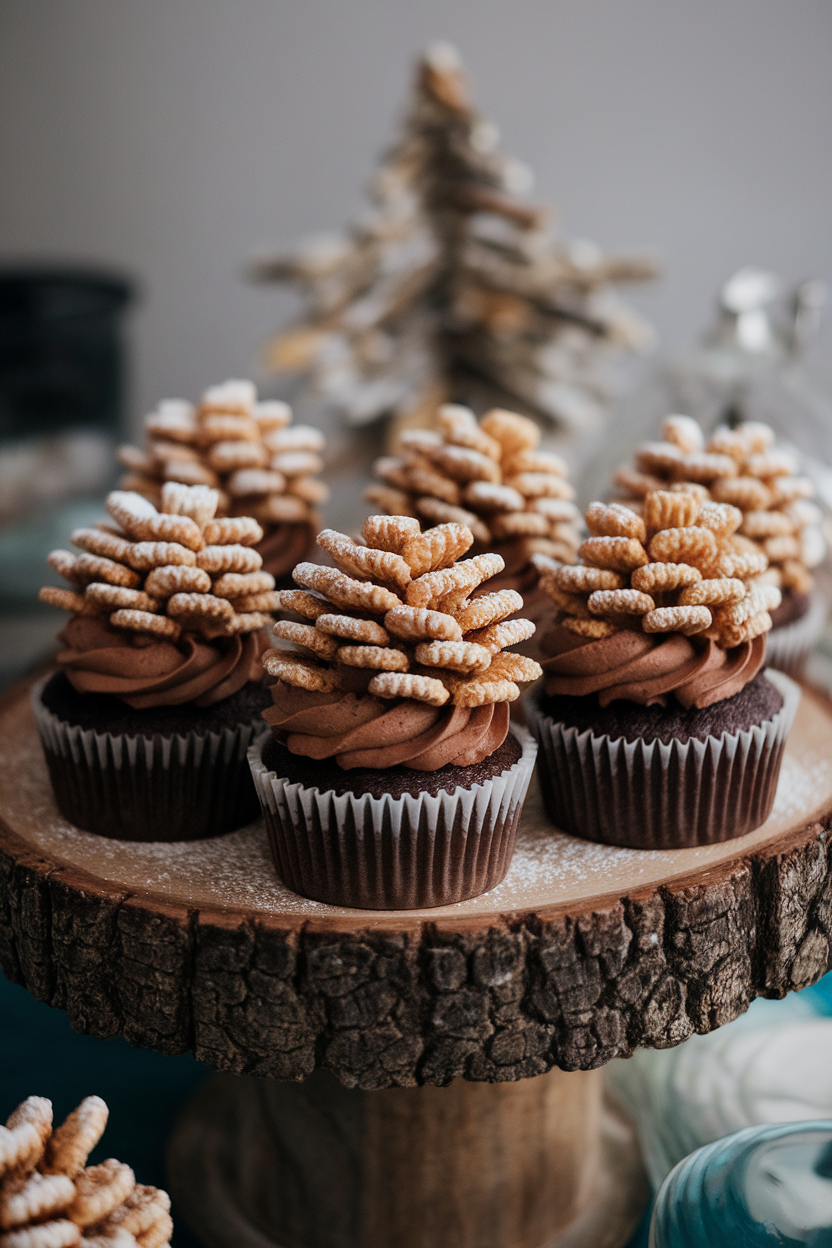 Photo of indoor rustic wooden tray with cupcakes topped by chocolate frosting glued with overlapping cereal pieces forming pinecones, dusted with powdered sugar, no text or logos.