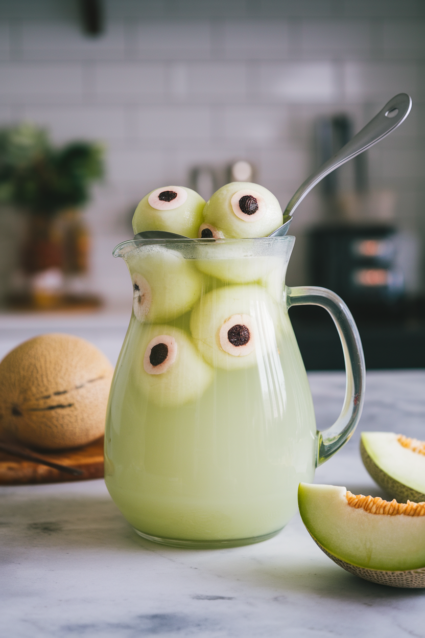 Indoor countertop with a pitcher of pale green honeydew cooler, floating melon balls that resemble monster eyes, and a ladle. Photo, no text or logos.