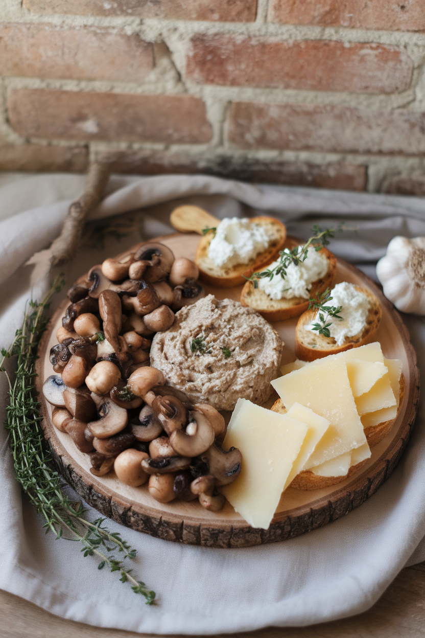 Indoor photo of a board holding sautéed mixed mushrooms, truffle ricotta spread, thyme crostini, and shaved parmesan; no logos or text.