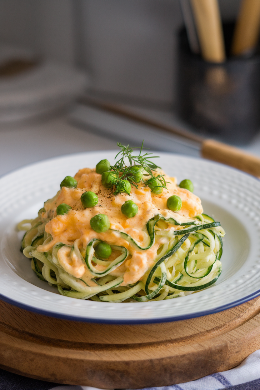 Indoor plate of zucchini noodles coated in egg and Parmesan sauce with peas sprinkled in. No text or logos.