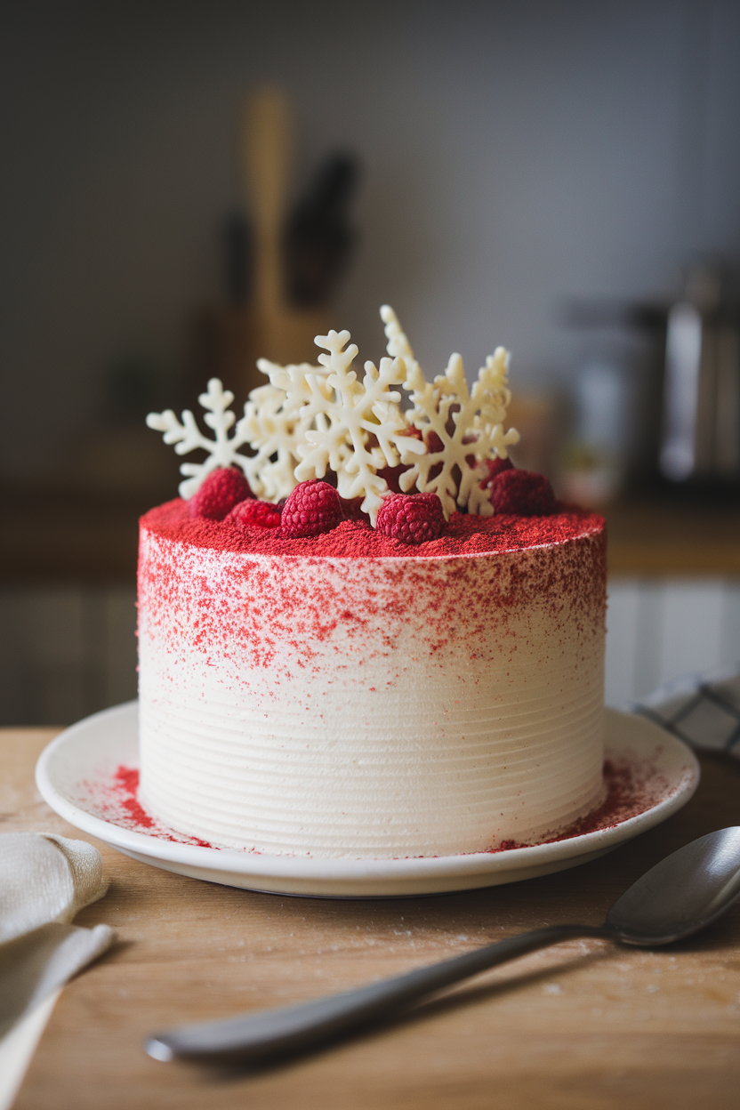 White-chocolate-frosted cake indoors sprinkled with freeze-dried raspberry powder and topped with delicate white chocolate snowflake shapes. Soft lighting, no text or logos.
