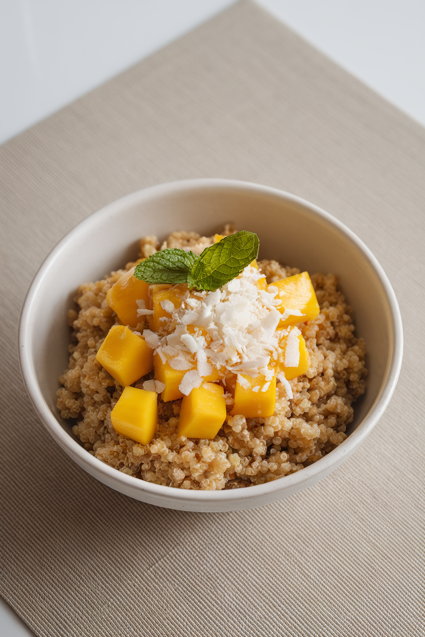 Indoor bowl photo of cooked quinoa topped with diced mango, shredded coconut, and a few mint leaves, set on a neutral placemat, no text or logos.