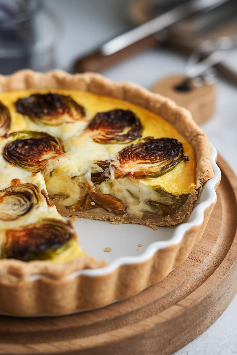Photo of an indoor pie dish containing a quiche slice showing caramelized Brussels sprout leaves and melted cheese, flaky crust visible. No text or logos visible.