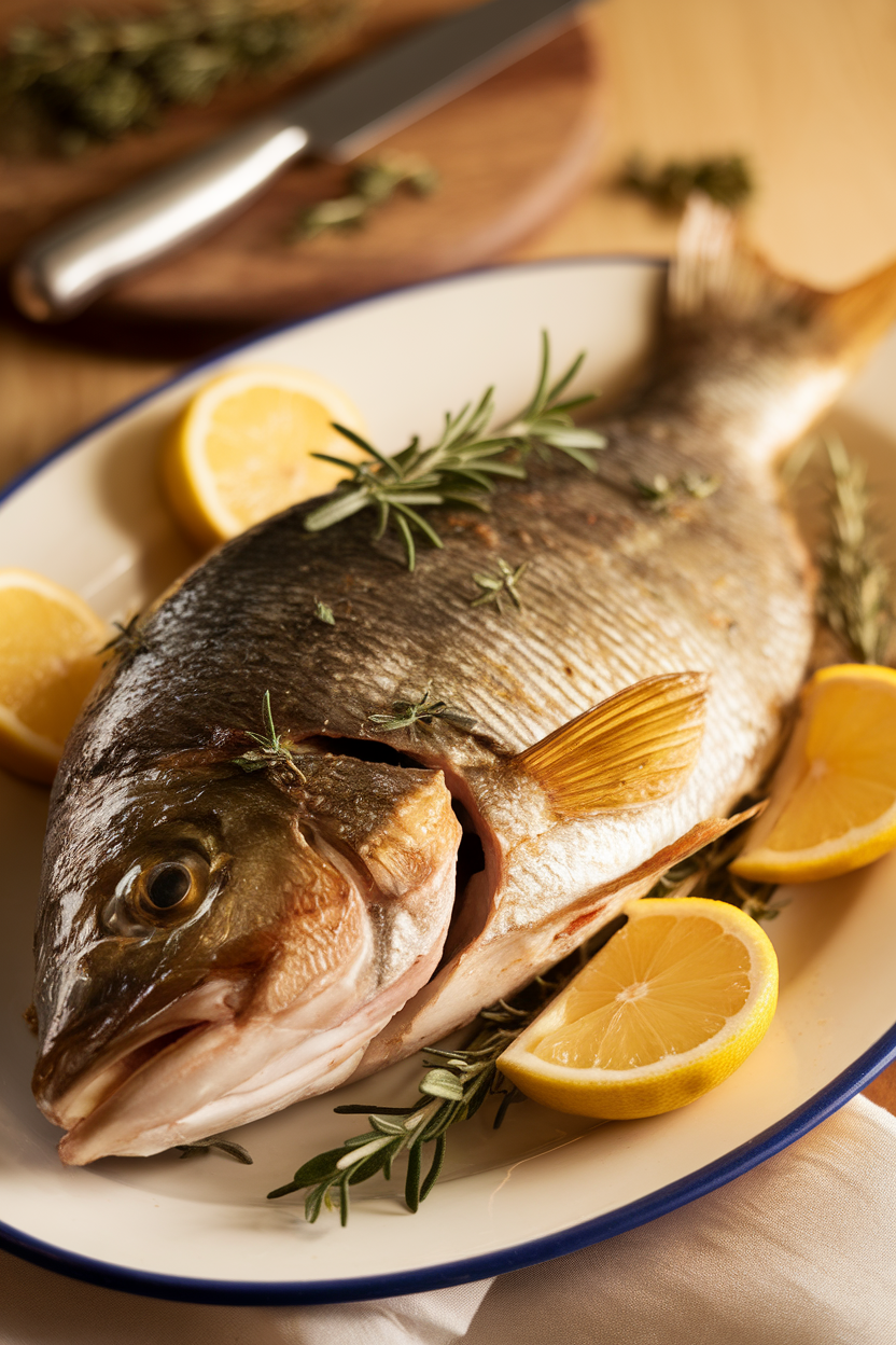 Indoor photo of a whole roasted sea bream with herbs and lemon slices on a porcelain platter; warm side lighting, no text or logos
