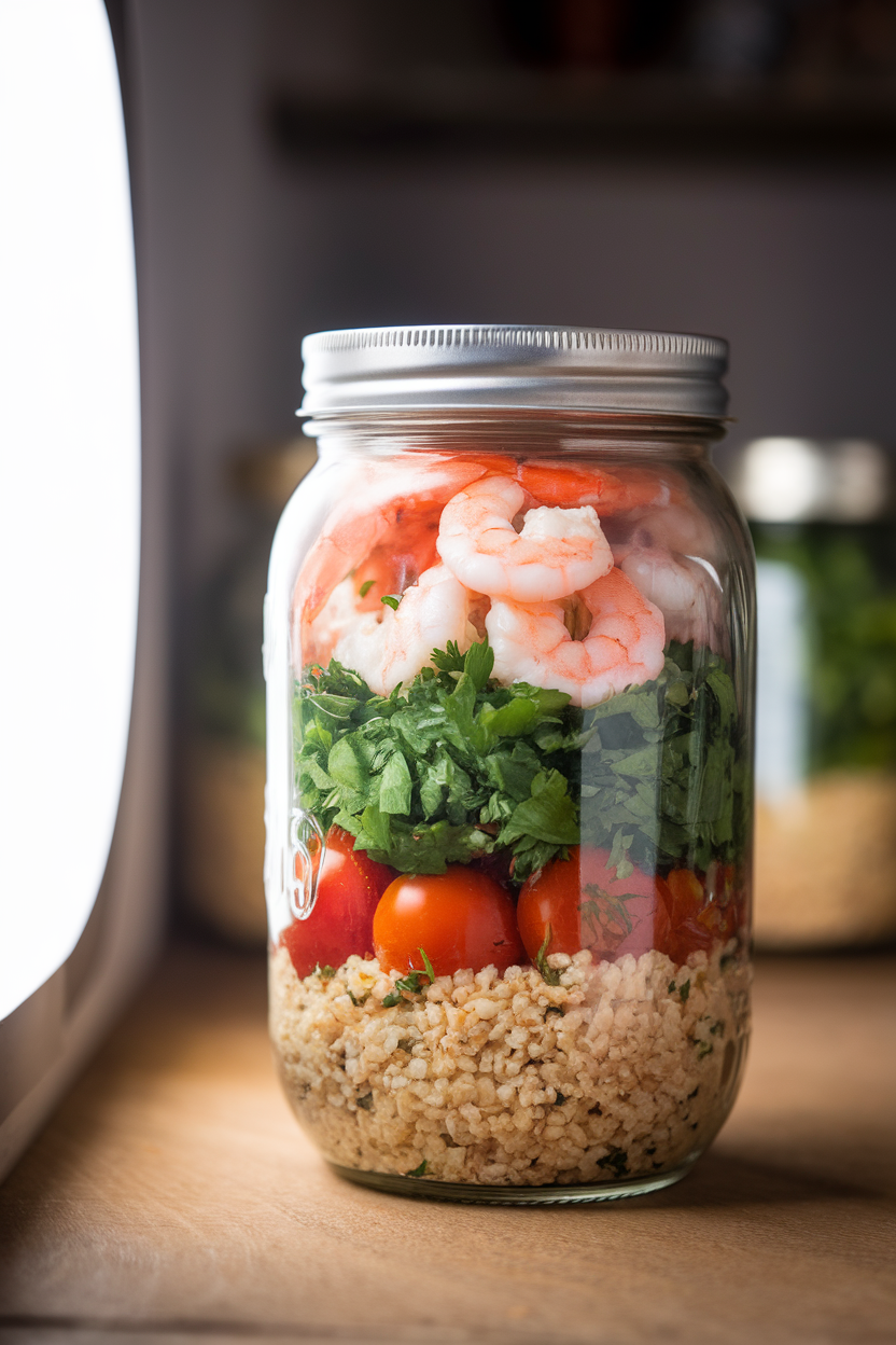 Indoor jar photo showing layers of bulgur, parsley-heavy tabbouleh, cherry tomatoes, and cooked shrimp; bright side light, no text or logos.