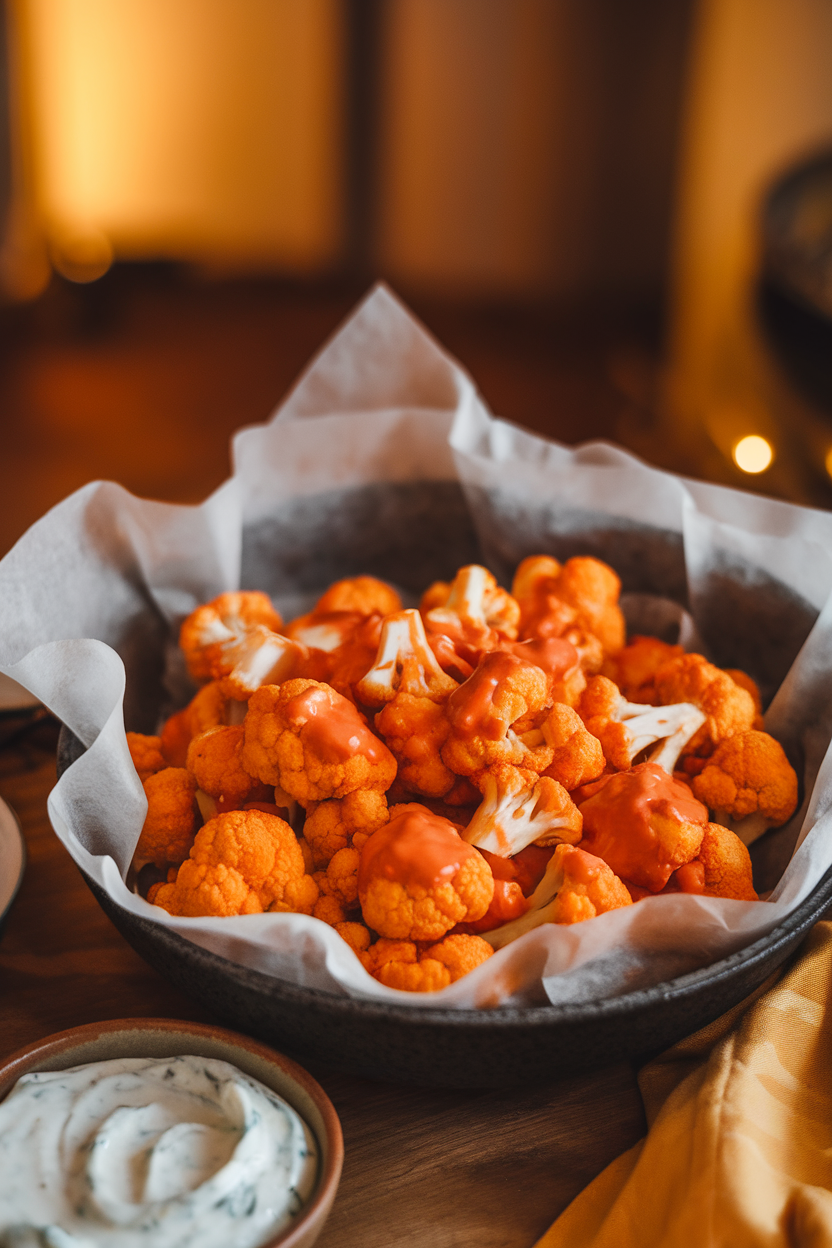 Photo of an indoor bowl lined with parchment and filled with golden buffalo-sauced cauliflower florets, ranch dip nearby; warm indoor lighting, no text or logos