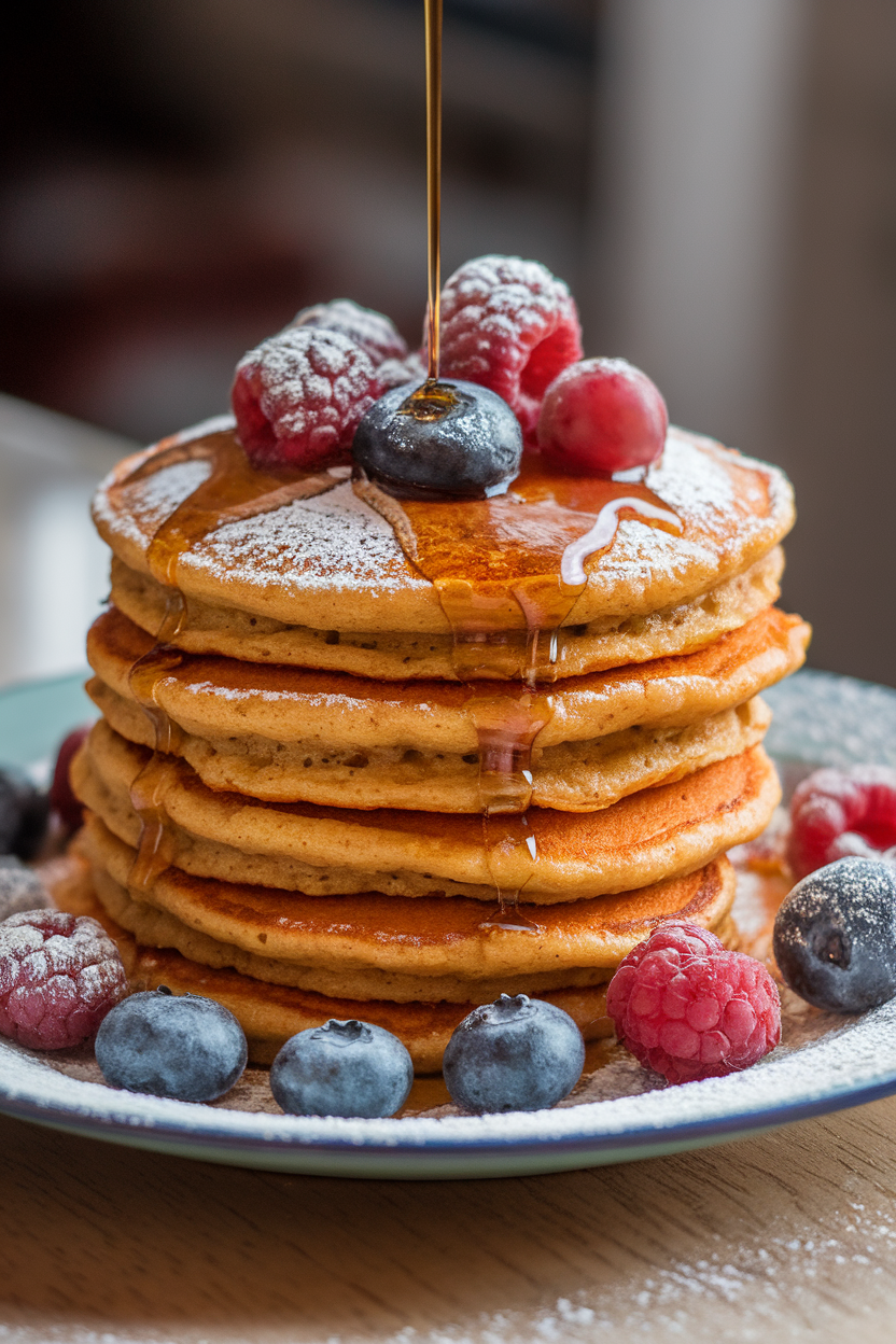 A breakfast plate indoors stacked with fluffy whole-wheat carrot pancakes, a drizzle of maple syrup glistening on top. No text or logos. Photo only.
