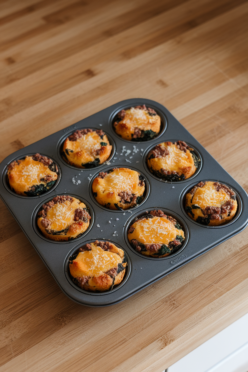 Indoor muffin tin on counter holding egg muffins studded with ground beef and spinach. No logos; photo.