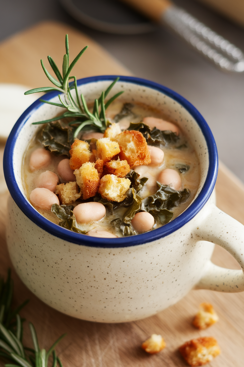 Indoor photo of white bean soup with kale ribbons and rosemary in a soup mug; no text or logos