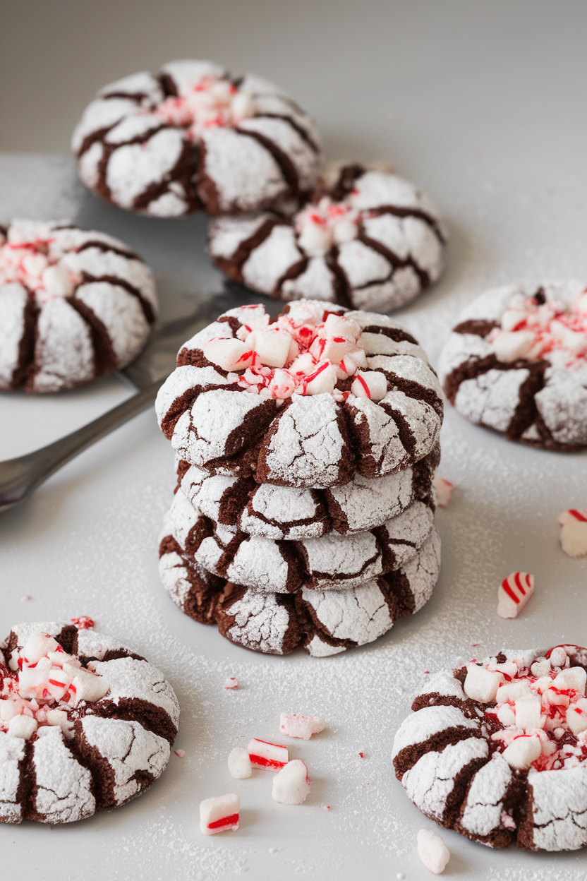 An indoor countertop scene with a stack of chocolate crinkle cookies lightly dusted in powdered sugar and sprinkled with crushed peppermint candy. Photo, no text or logos.